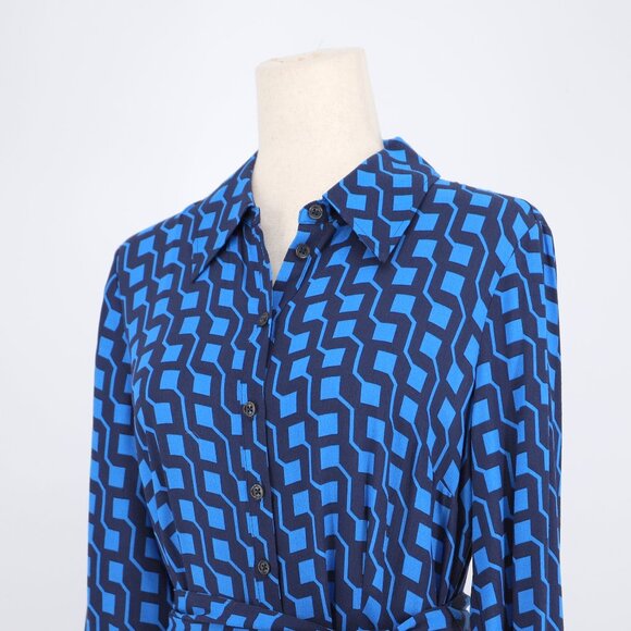 BODEN Flo Tiered Midi Shirt Dress Tie Belt Blue Geo Print Long Sleeve US Size 8 - Picture 4 of 8